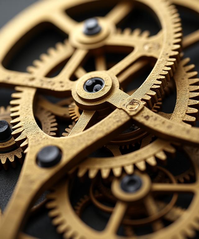 複雑に絡み合った、磨き上げられた真鍮製の歯車が輝く時計仕掛け