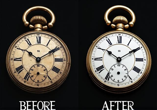 修復されたアンティークのブレゲ懐中時計のビフォーアフター画像