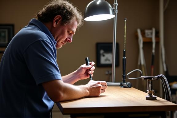 職人が顧客の前でゴルフクラブの最終調整を行っている