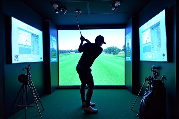 ハイテクスイング解析ブースでゴルフスイングする顧客